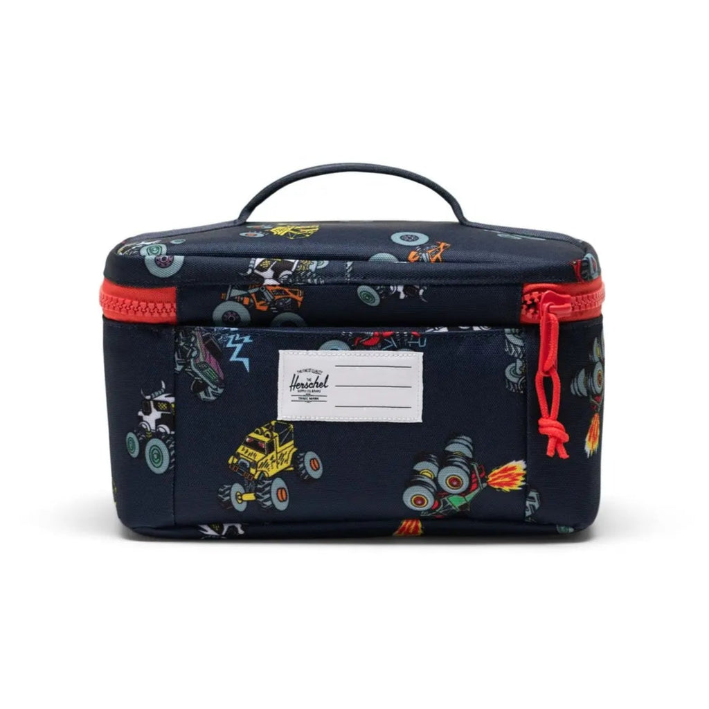 Herschel Lunch Box Little is designed to fit inside the Herschel heritage backpacks. This design is black with monster truck print. Back