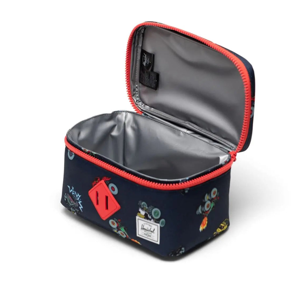 Herschel Lunch Box Little is designed to fit inside the Herschel heritage backpacks. This design is black with monster truck print. Inside