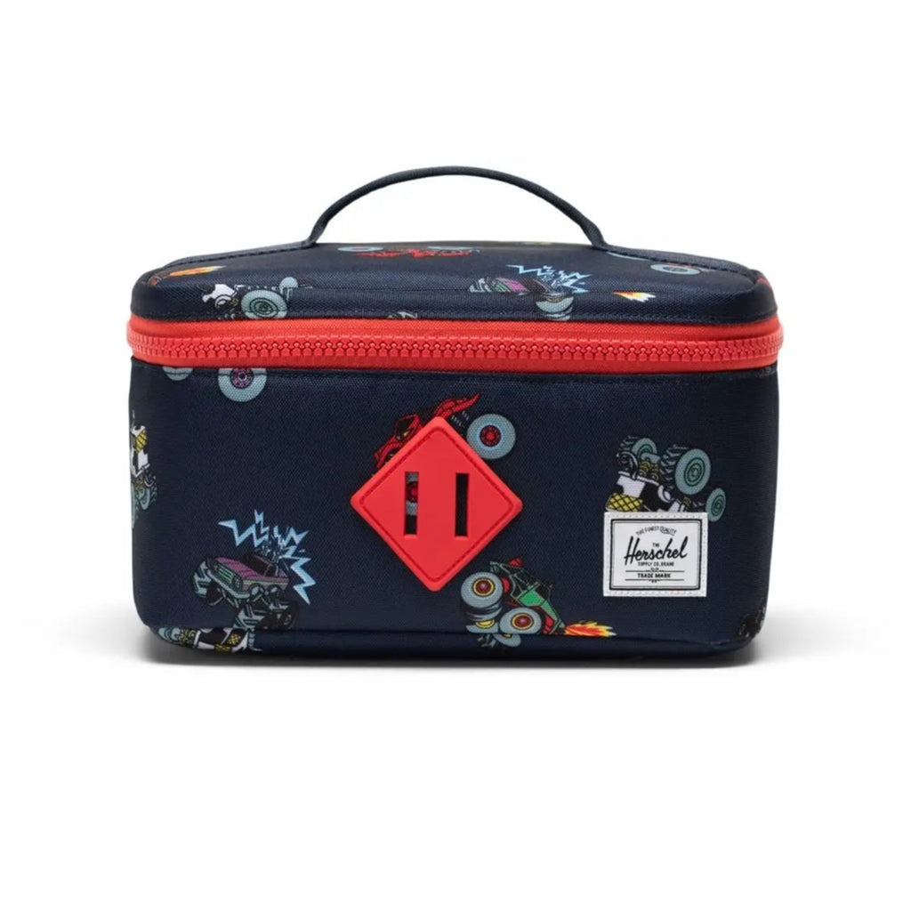 Herschel Lunch Box Little is designed to fit inside the Herschel heritage backpacks. This design is black with monster truck print. Front