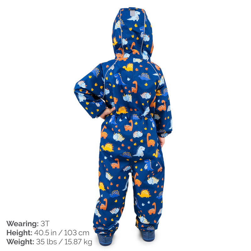 One Piece Hooded Rainsuit in Dinosaur Print | Reflective Accented  Adjustable Hood and Waist - Back view
