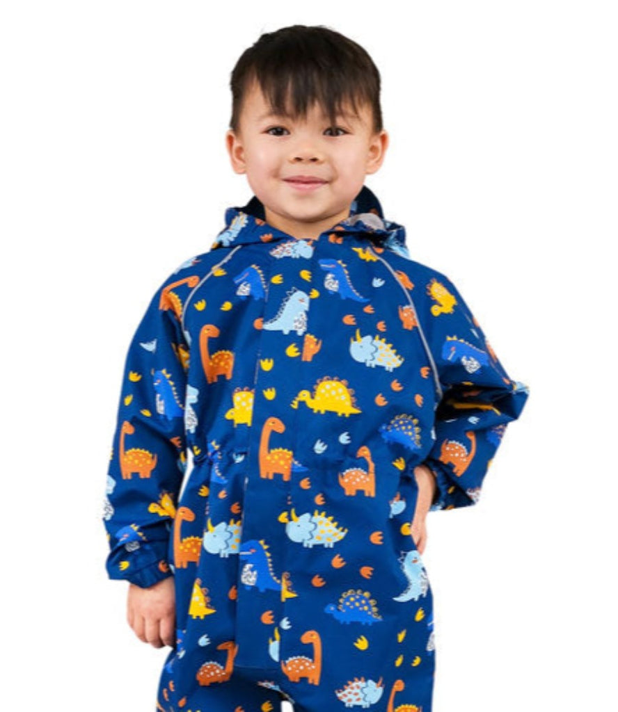 One Piece Hooded Rainsuit in Dinosaur Print | Reflective Accented  Adjustable Hood and Waist