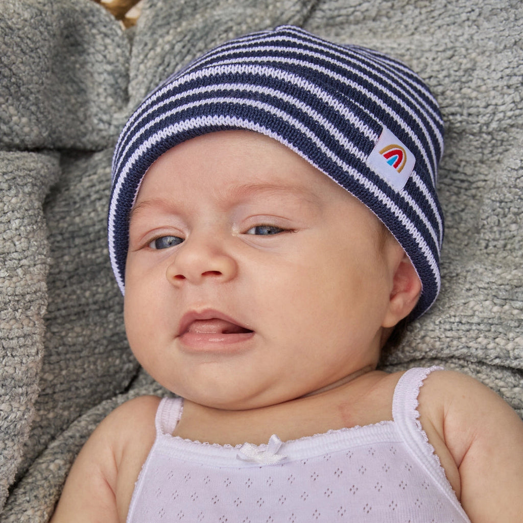 Newborn baby beanie | acrylic | handmade | 0-3 months | soft and comfy | white with navy blue stripe