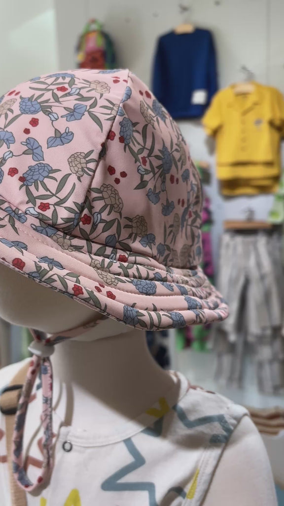 3-12 month infant sunhat | 100% cotton | brim protect from sun | UPF 50+ | chin strap | pink with blue flowers