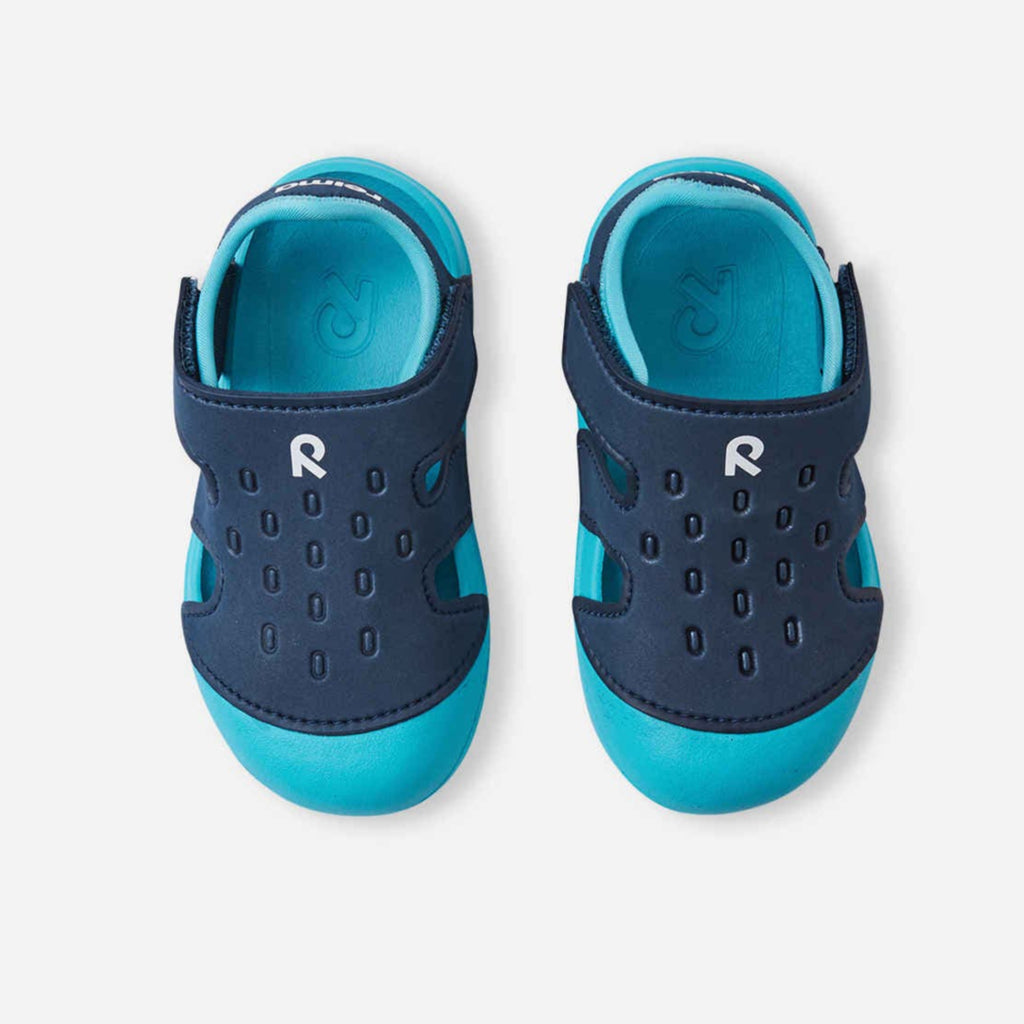 Ultra lightweight navy water sandal | generous toe box for active feet | Fluorocarbon & PVC free | velcro close both sides of foot | from above