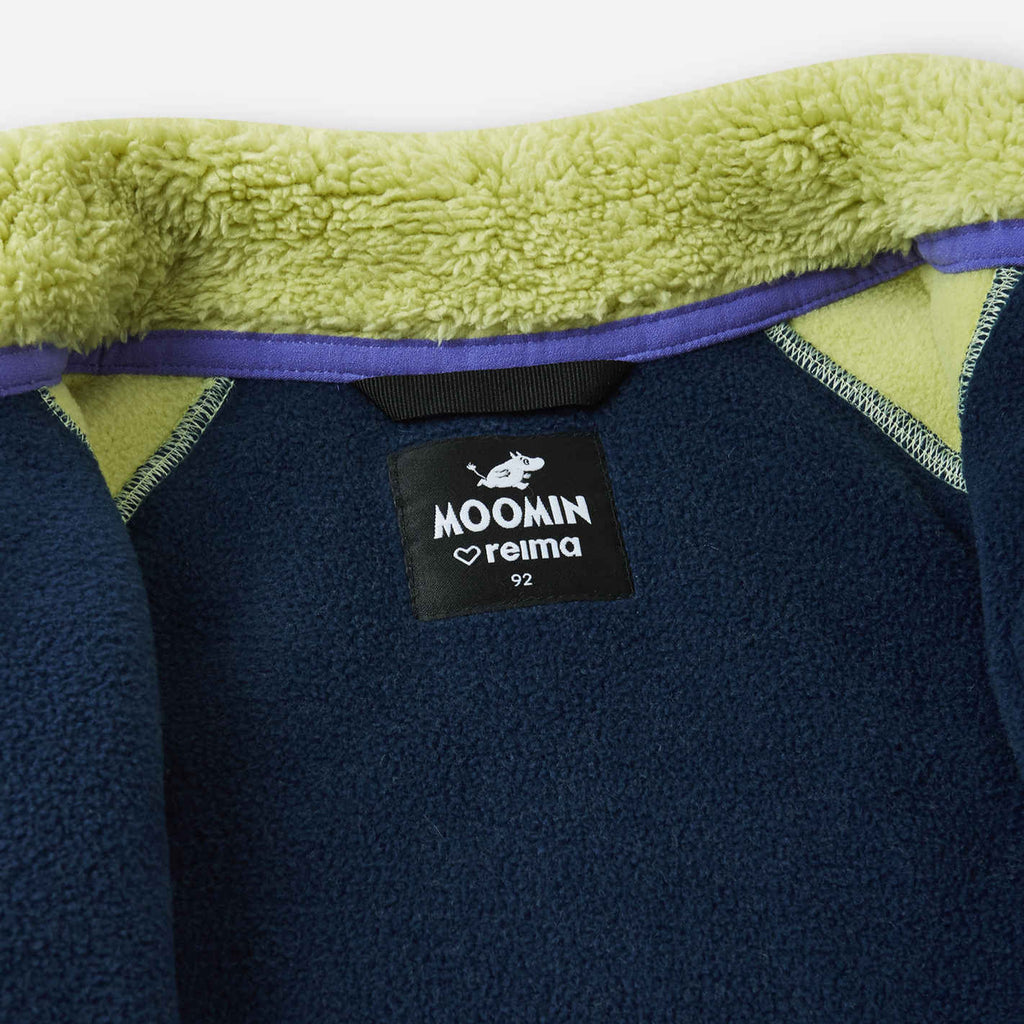 Toddler fleece zip up jacket | standup collar | yellow, green & blue accents | Finnish character patch | binding at wrist and waist | fleece pile outside, smooth fleece inside | inside view