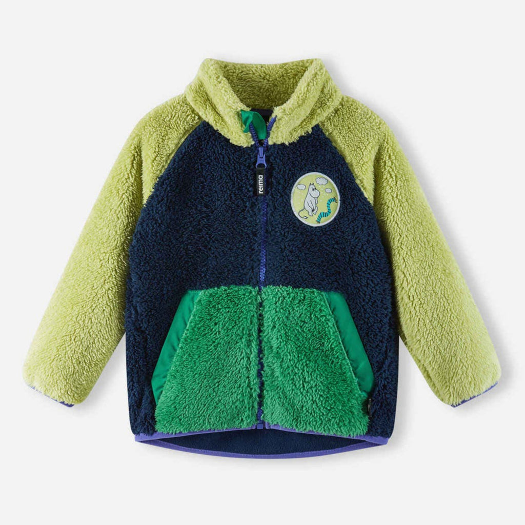 Toddler fleece zip up jacket | standup collar | yellow, green & blue accents | Finnish character patch | binding at wrist and waist | fleece pile outside, smooth fleece inside