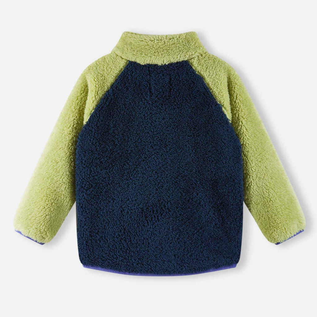 Toddler fleece zip up jacket | standup collar | yellow, green & blue accents | Finnish character patch | binding at wrist and waist | fleece pile outside, smooth fleece inside | back view