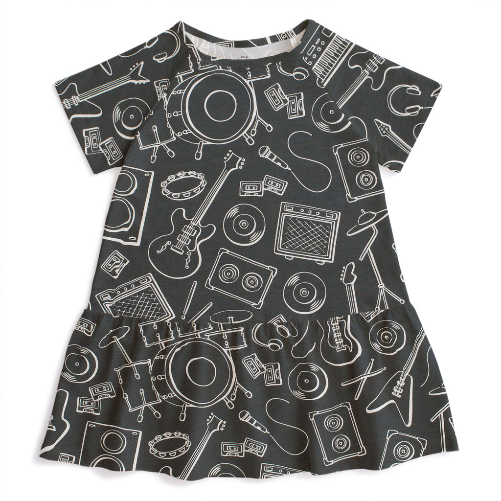 All cotton charcoal dress with all-over rock band icons print | raglan sleeve | roomy for pure comfort