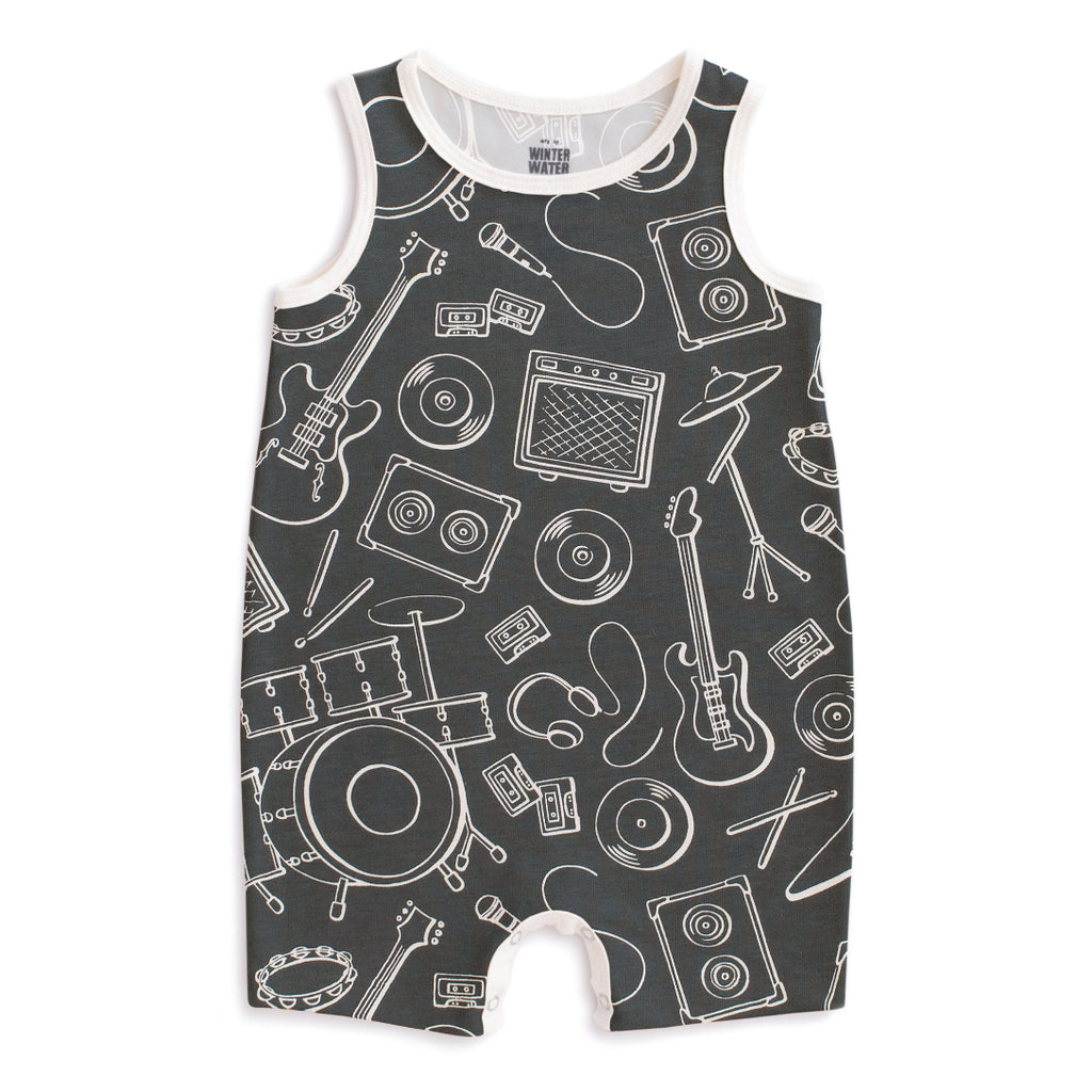 All cotton retro rock band print baby romper. Tank top | Snaps at legs | Charcoal 