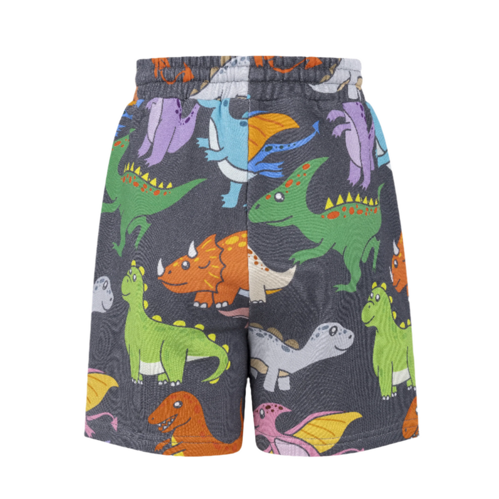 All cotton dinosaur print shorts | knee length \ side pockets | elastic waist with drawstring |back view