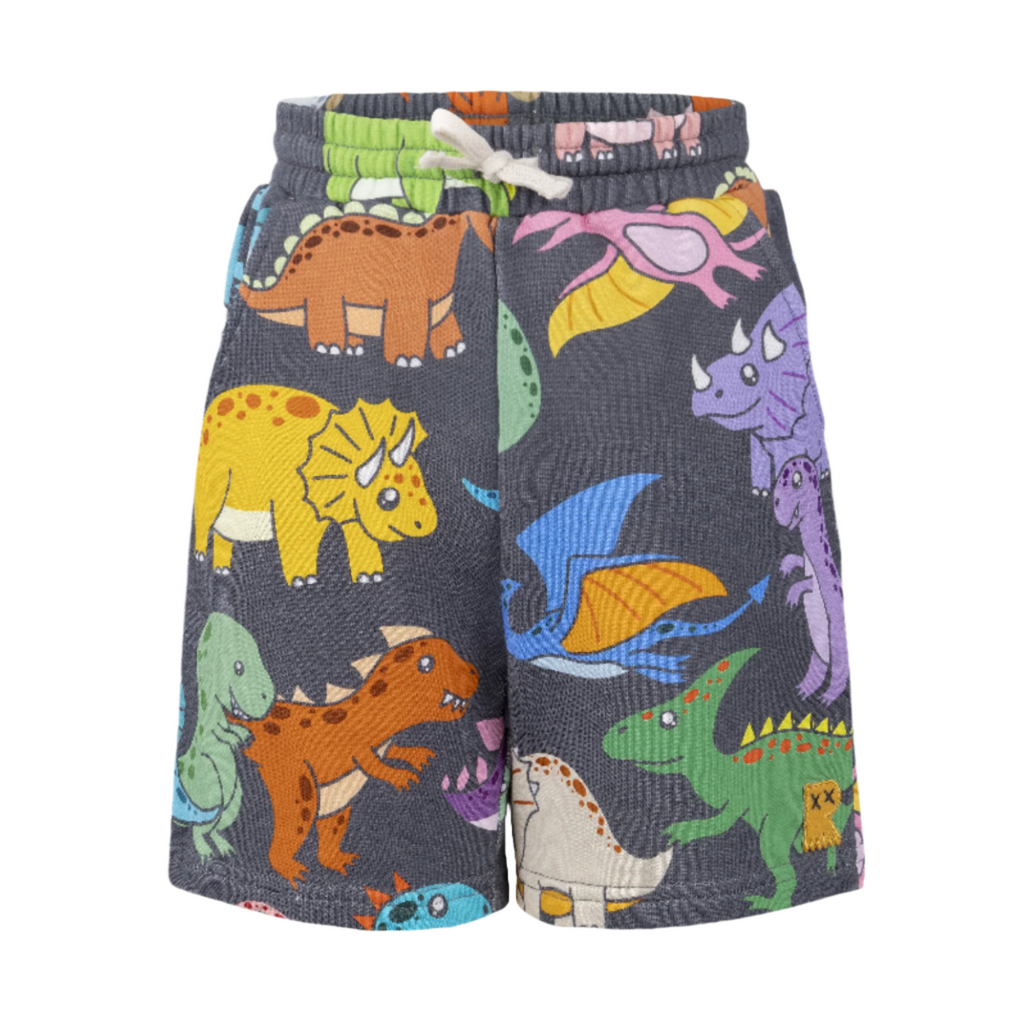 All cotton dinosaur print shorts | knee length \ side pockets | elastic waist with drawstring