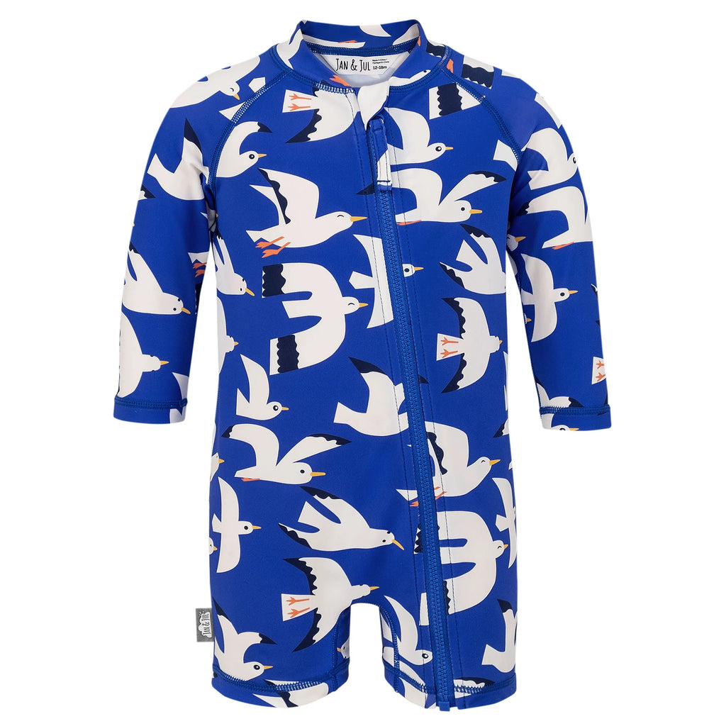 50+ UV Sun Protection Swimsuit in Seagull Print | Zip up front |  Long Sleeves and higher neckline | Lightweight, breathable fabric | infant Sizes
