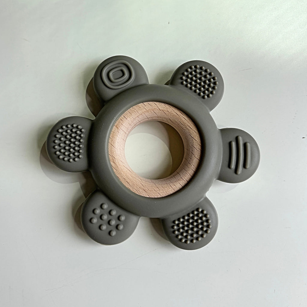 Gray color textured BPA free silicone teether on wooden rin | separates for easy cleaning| 4 colors | sold separately | sensory stimulation
