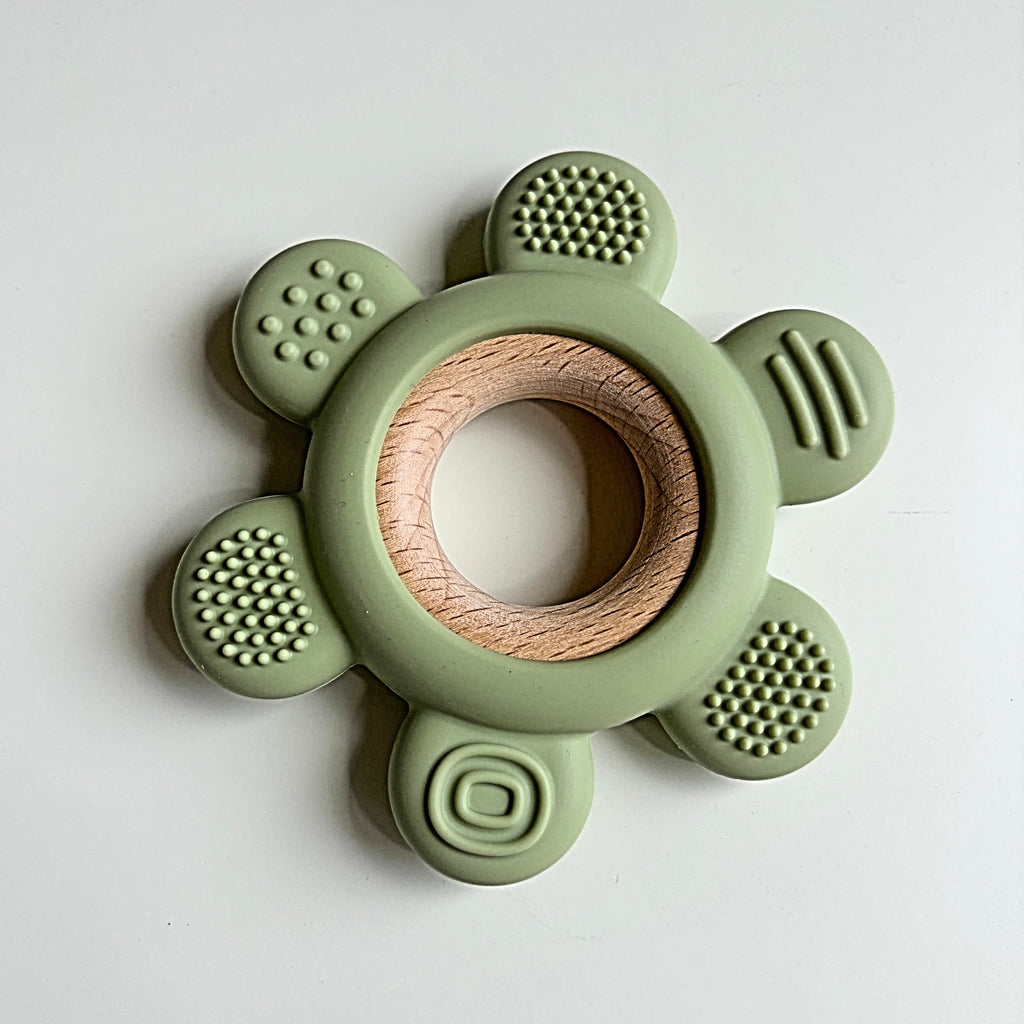 Sage color textured BPA free silicone teether on wooden rin | separates for easy cleaning| 4 colors | sold separately | sensory stimulation