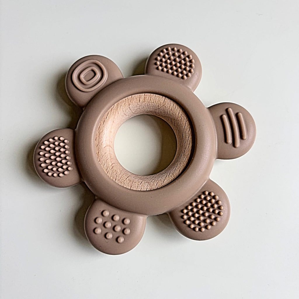 Sand color textured BPA free silicone teether on wooden rin | separates for easy cleaning| 4 colors | sold separately | sensory stimulation