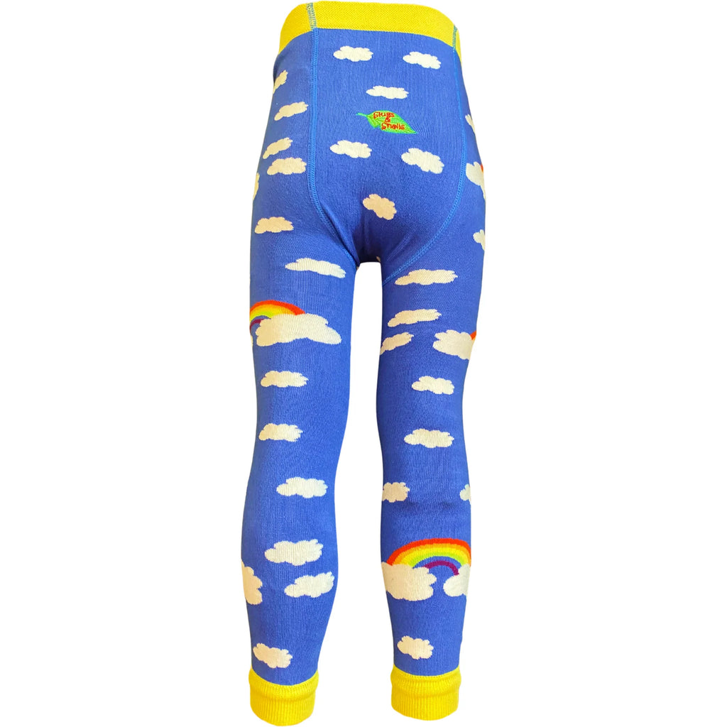 Organic Cotton Knit Rainbow Clouds Tights |  Sizes 6m -  5yr | Footless with yellow banded ankles | Super soft & stretchy - backOrganic Cotton Knit Rainbow Clouds Tights |  Sizes 6m -  5yr | Footless with yellow banded ankles | Super soft & stretchy - front