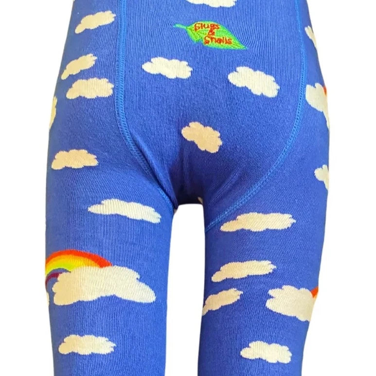 Organic Cotton Knit Rainbow Clouds Tights |  Sizes 6m -  5yr | Footless with yellow banded ankles | Super soft & stretchy