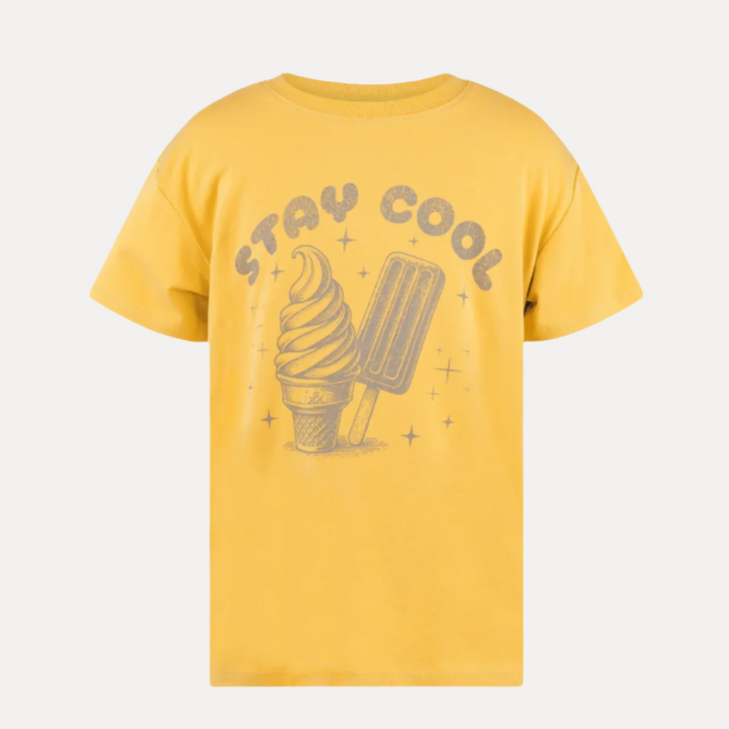 Yellow cotton short sleeve tee shirt | Stay cool with ice cream graphic on front | short sleeve | crew neck | front