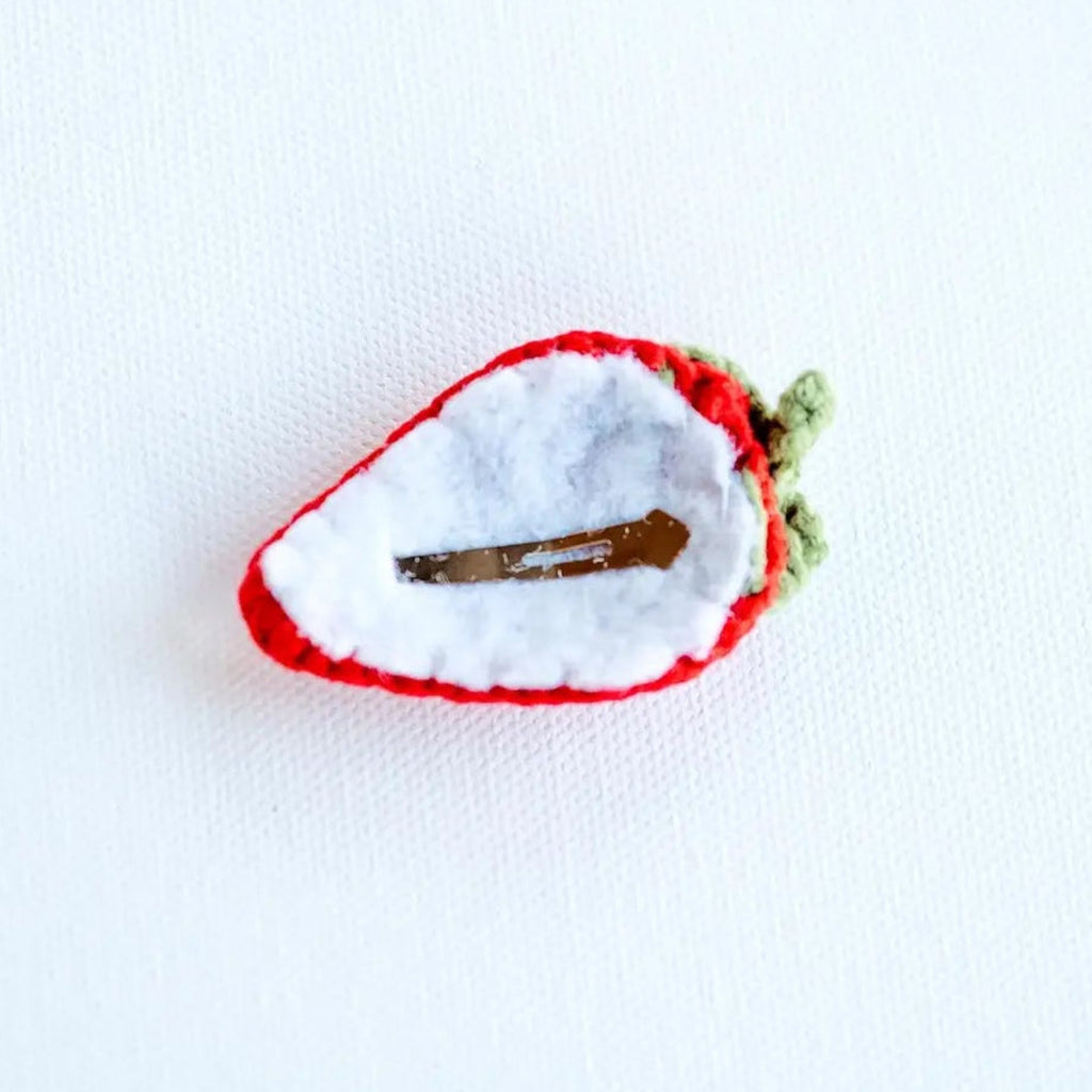Handmade infant/toddler strawberry hairclip | ~2" x 1.5" | back of clip
