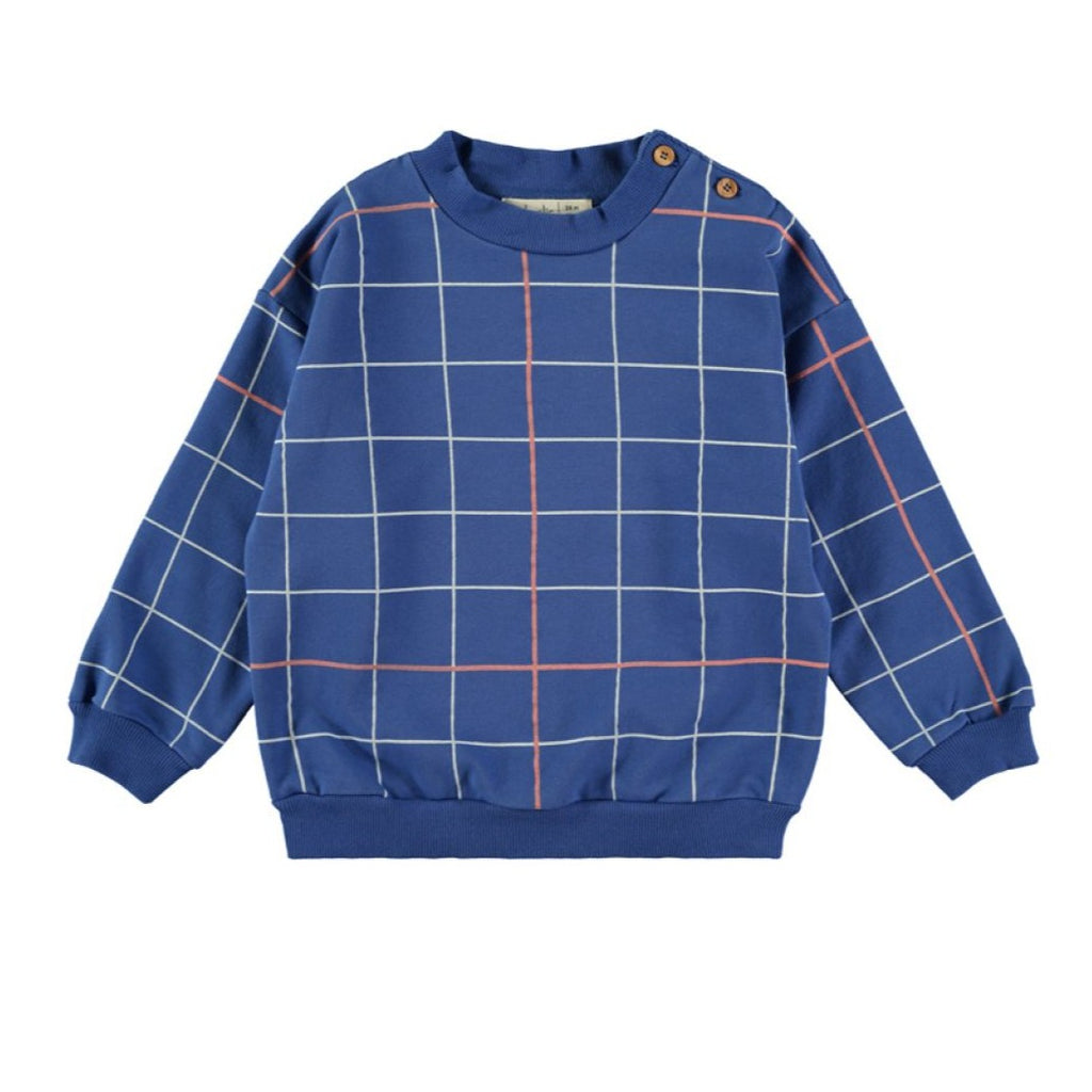 Organic Cotton Blue Sweatshirt in white/red grid print | Infant to Size 10 | Shoulder Button close on infant sizes | Top Quality and Ultra Comfortable  