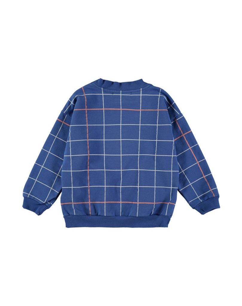Organic Cotton Blue Sweatshirt in white/red grid print | Infant to Size 10 | Shoulder Button close on infant sizes | Top Quality and Ultra Comfortable  - back of shirt