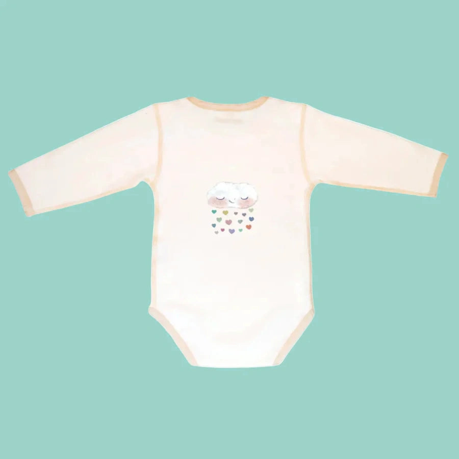 Cotton infant long sleeve onesie | sun graphic on front | smiling cloud on back | envelope neckline | snaps at leg \ back of onesie