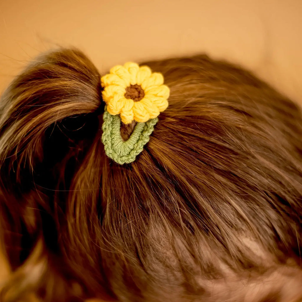 Crocheted sunflower hair clip | ~2" x 1.5" | great for infant / toddlers