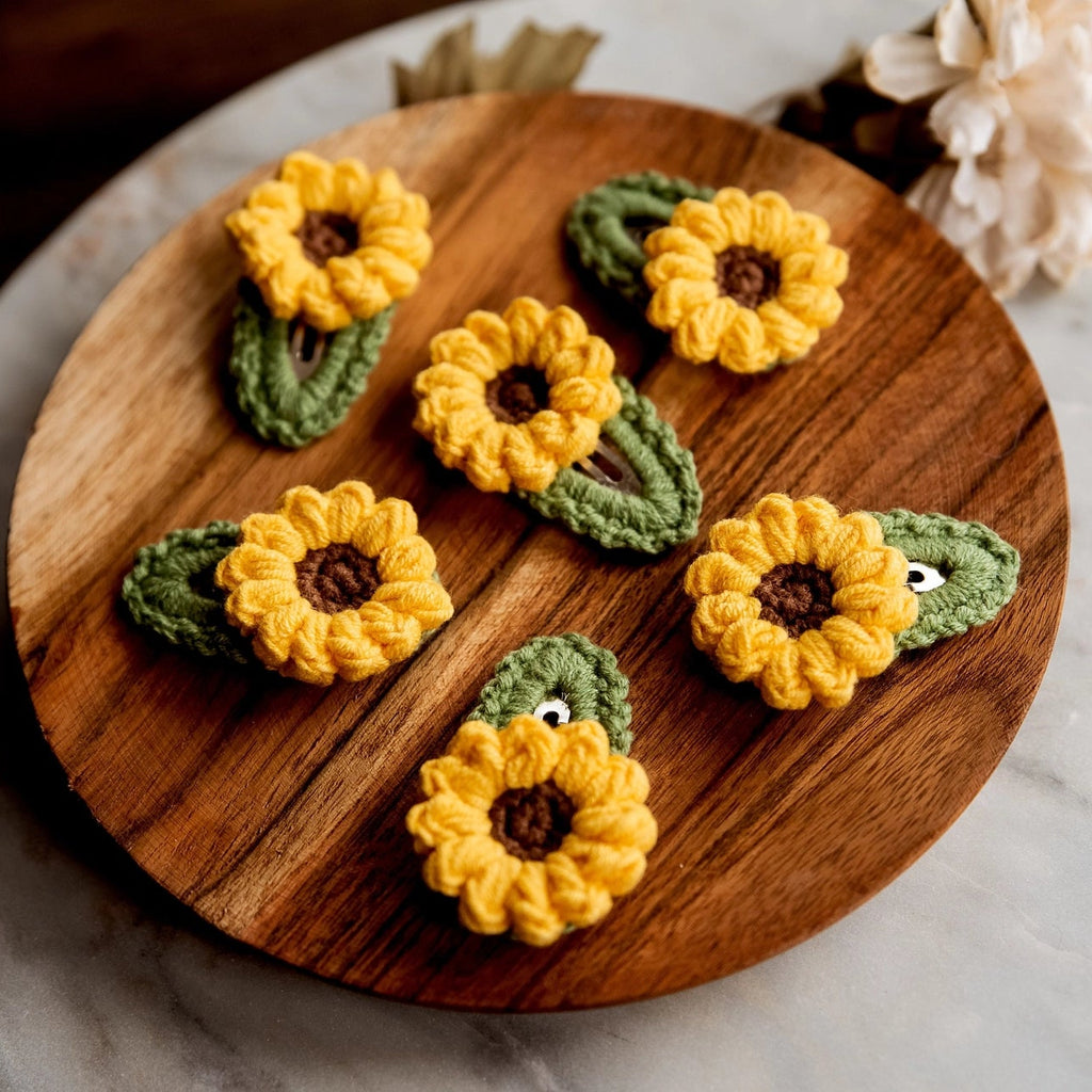 Crocheted sunflower hair clip | ~2" x 1.5" | great for infant / toddlers