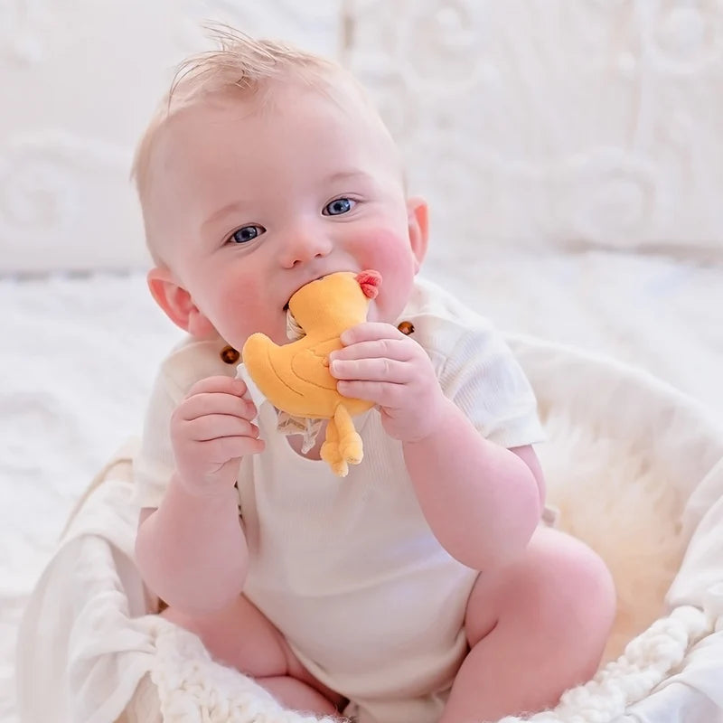 Cotton Velour Infant Stroller Rattle Toy | Fits easily in hands | yellow duck on twill tape cord  - lifestyle