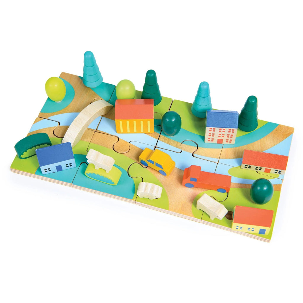 Tiny town jigsaw puzzle with town buildings and vehicles that can be added after the puzzle is complete | child can design any town layout | 12" x 6"  size | ages 3 and up 