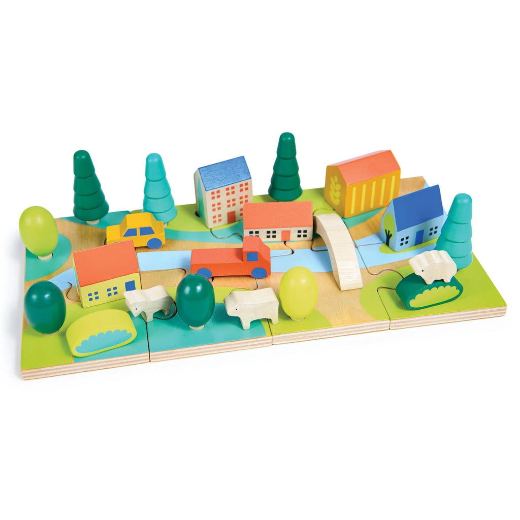 Tiny town jigsaw puzzle with town buildings and vehicles that can be added after the puzzle is complete | child can design any town layout | 12" x 6"  size | ages 3 and up 