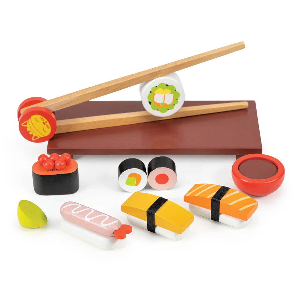 Toy Sushi Set | 7 pieces to pick up and dip into soy sauce and wasabi | small platform table | learn chopsticks skills | encourages manual dexterity