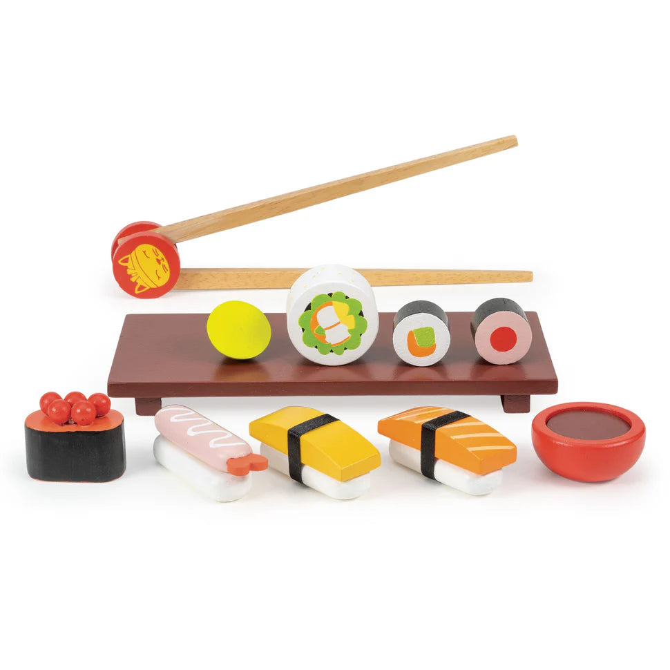 Toy Sushi Set | 7 pieces to pick up and dip into soy sauce and wasabi | small platform table | learn chopsticks skills | encourages manual dexterity | Ages 3+ | 7" x 3"