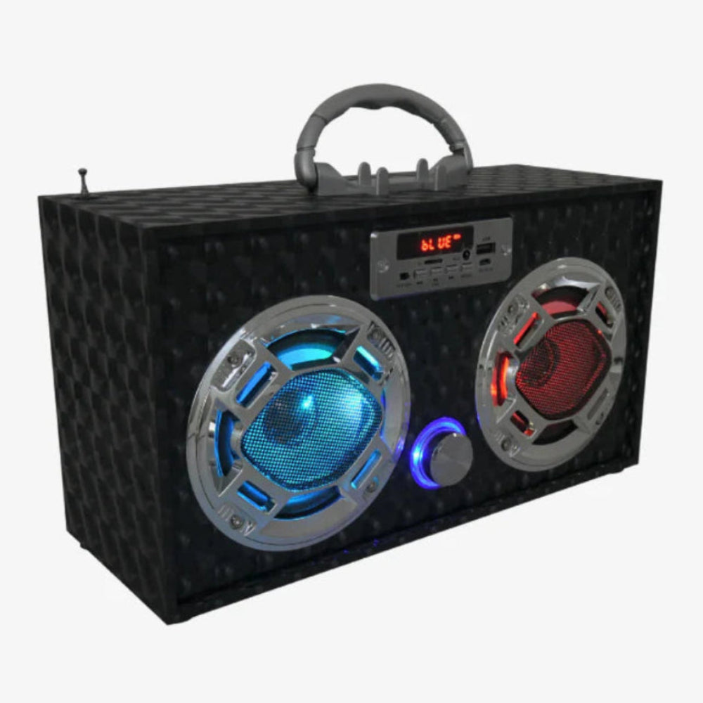 Boombox Speaker that connects to devices or tunes to radio | recharging cord included | fun for kids 8 and up | shown as using radio | digital display 