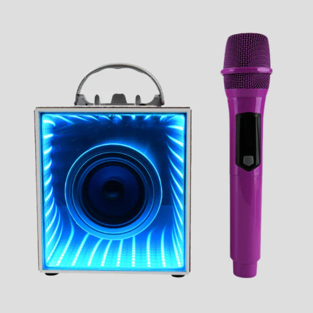 Pop Star Infinity Light Speker & Micophone | Connect device to play music | wireless microphone | rechargeable battery in microphone and speaker | changing light patterns | phone holder on top