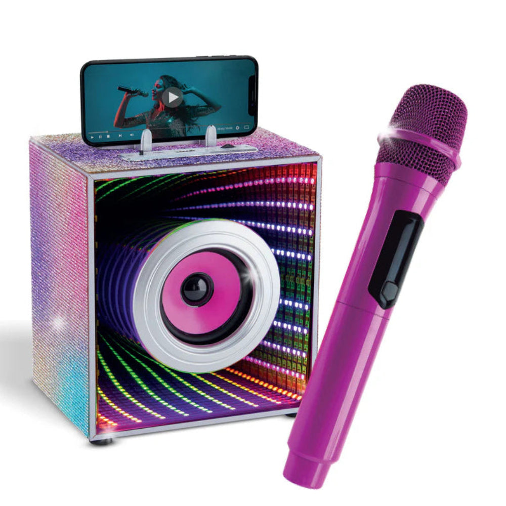 Pop Star Infinity Light Speker & Micophone | Connect device to play music | wireless microphone | rechargeable battery in microphone and speaker | changing light patterns | phone holder on top