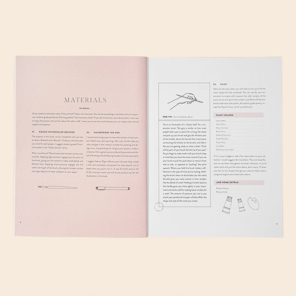 Watercolor Workbook - 30 minute beginners botanical projects | 25 projects | All ages | 88 pages | materials page