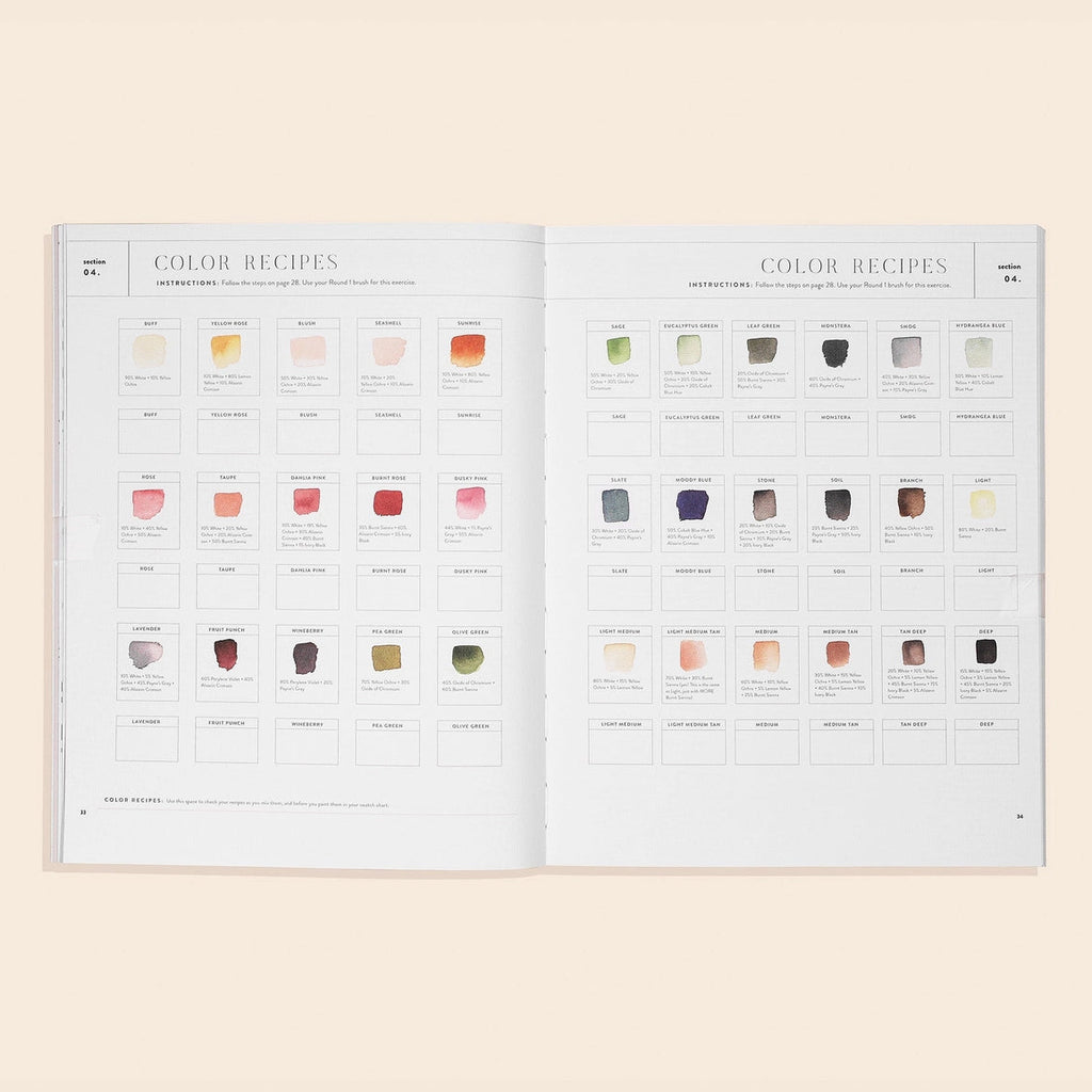 Watercolor Workbook - 30 minute beginners botanical projects | 25 projects | All ages | 88 pages | color wheel swatches