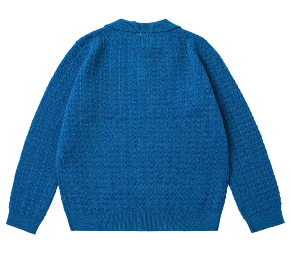 100% Merino Wool Blue Sweater | 3 button close | Collared | Ribbed at Wrist & Waist - back