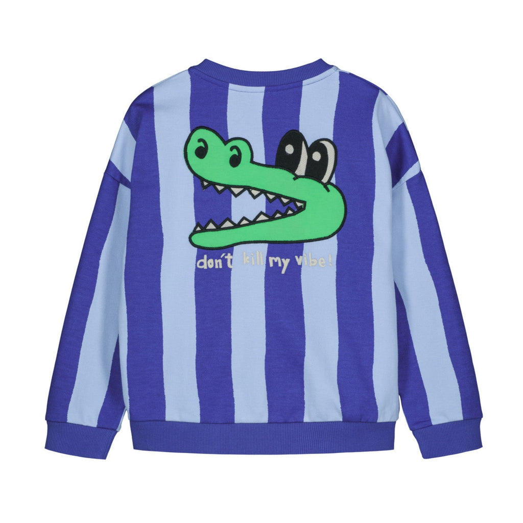 Kids striped bomber jacket | 'Don't Kill My Vibe' embroidered graphic on back | zip up | blue & light blue stripe | dark blue ribbing at neck, wrist, waist