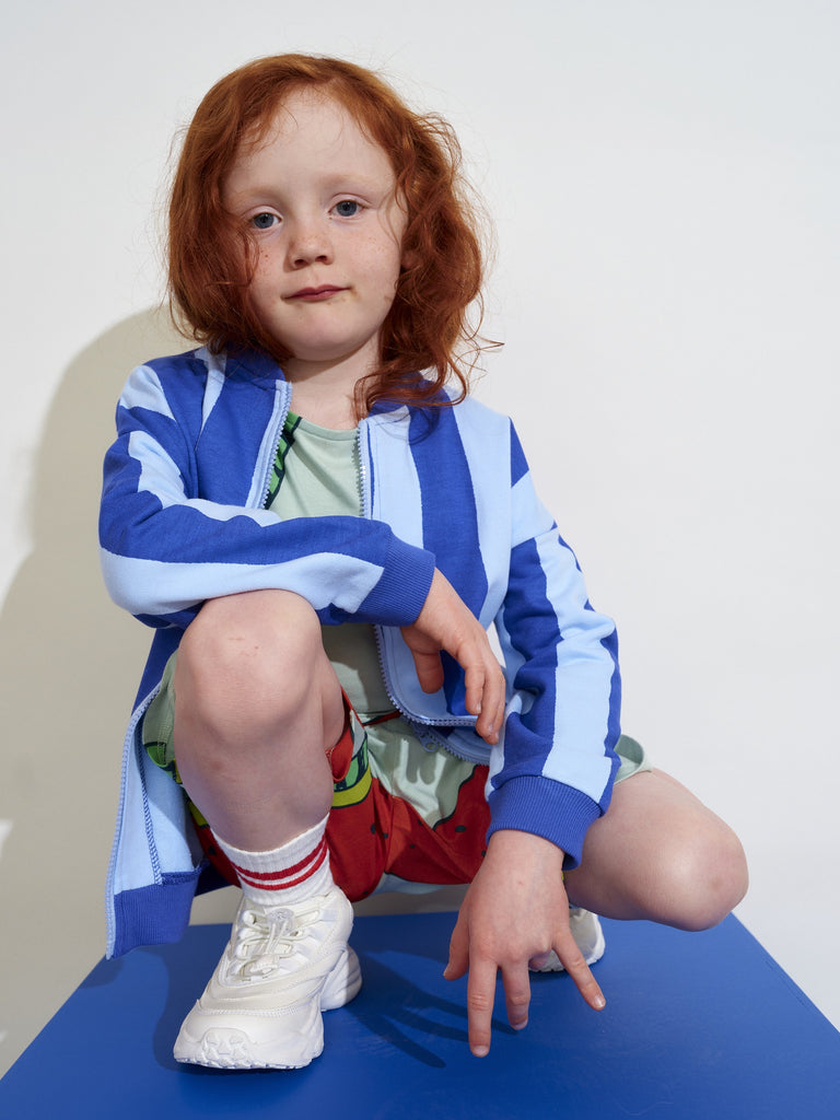 Kids striped bomber jacket | 'Don't Kill My Vibe' embroidered graphic on back | zip up | blue & light blue stripe | dark blue ribbing at neck, wrist, waist
