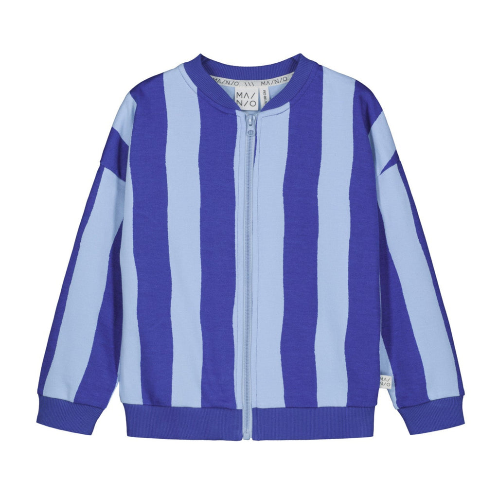 Kids striped bomber jacket | 'Don't Kill My Vibe' embroidered graphic on back | zip up | blue & light blue stripe | dark blue ribbing at neck, wrist, waist