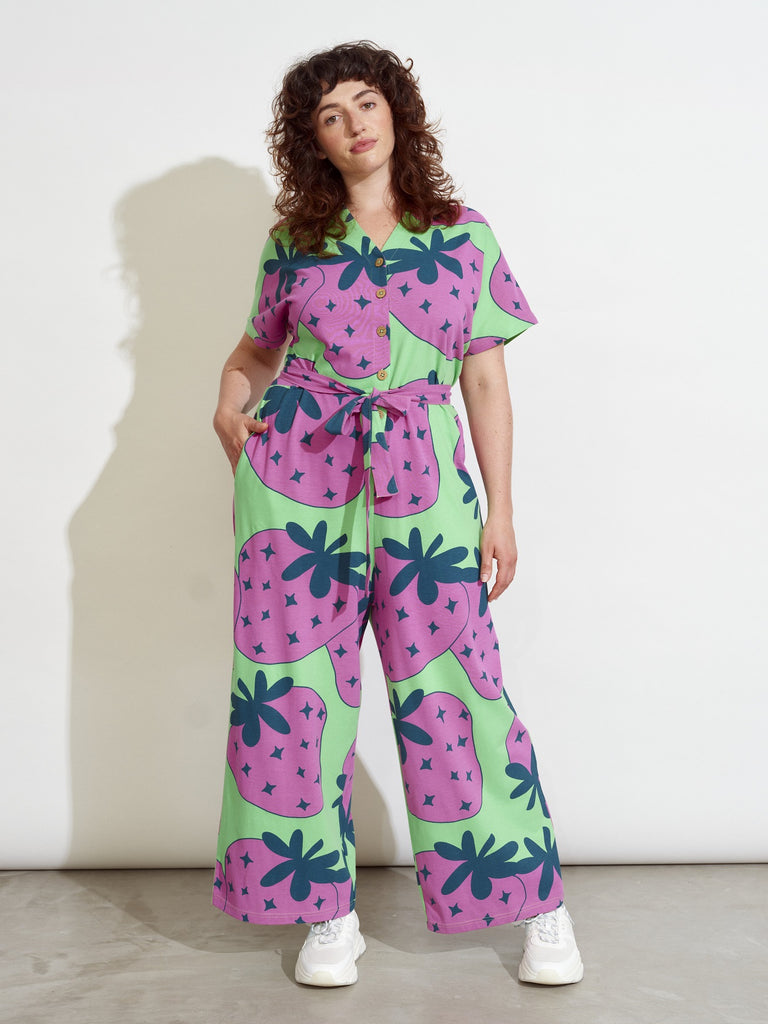 strawberry print adult jumpsuit | short sleeves | pockets | oversized
