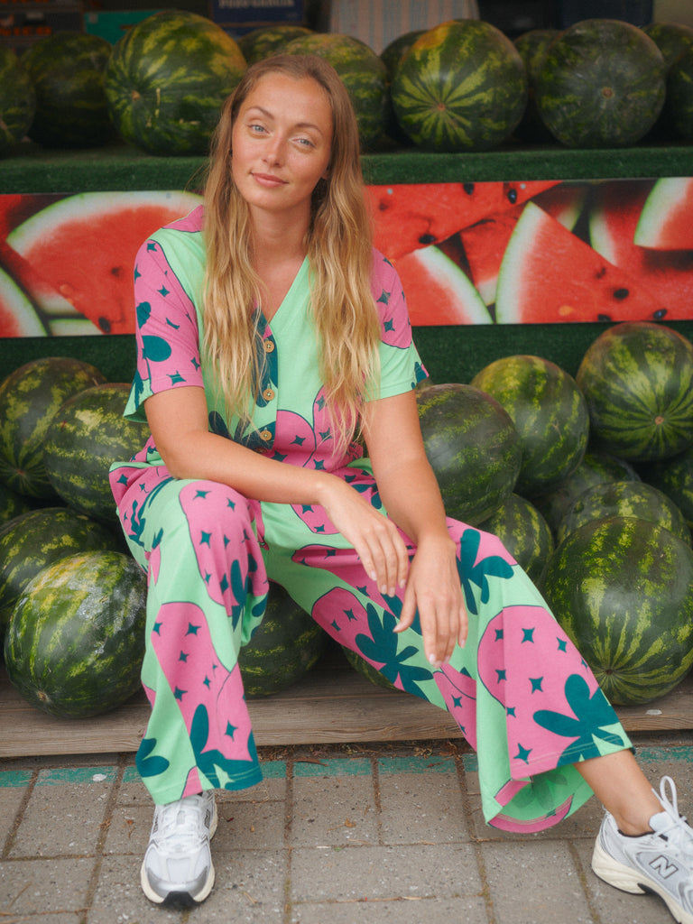 strawberry print adult jumpsuit | short sleeves | pockets | oversized