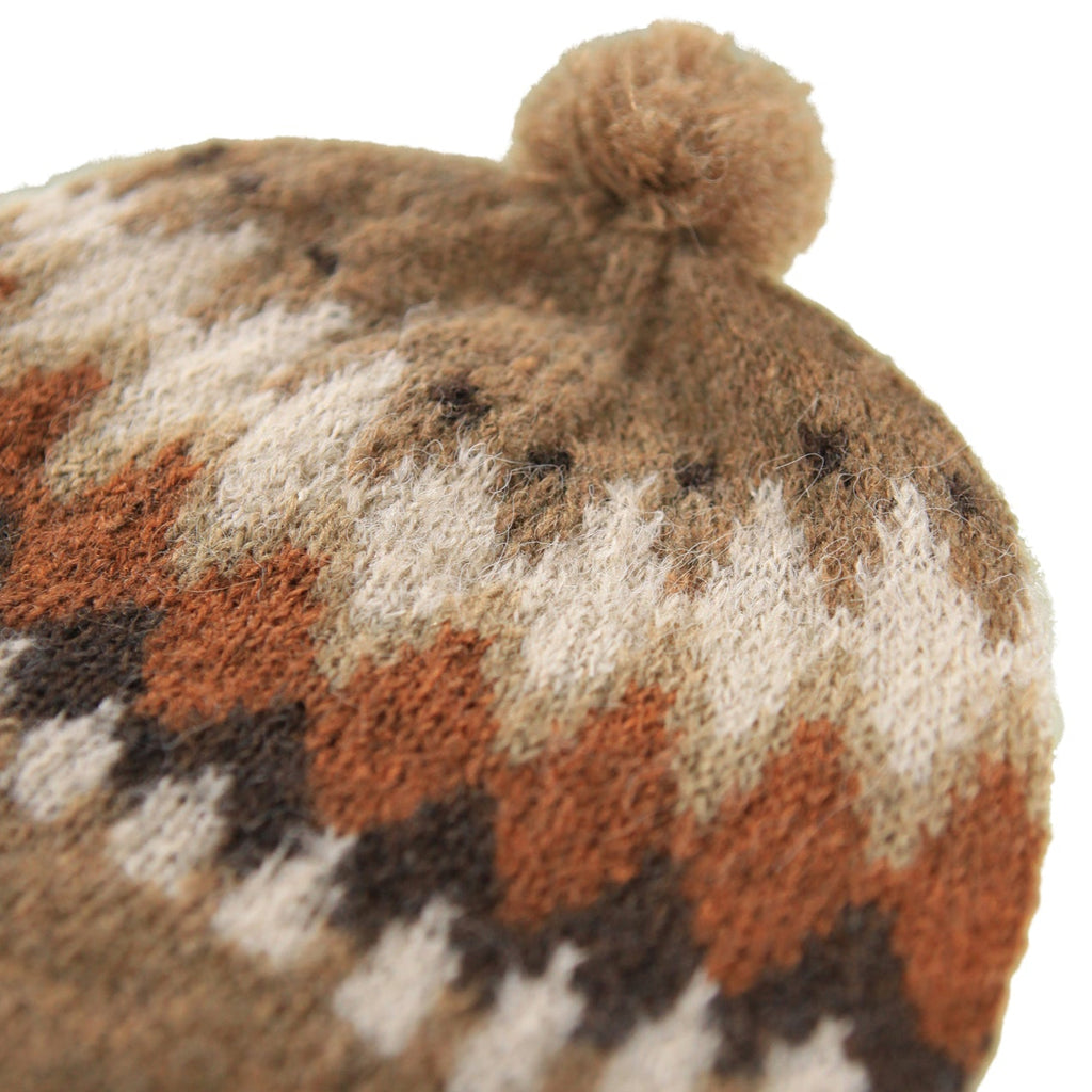 Wool blendinfant beanie | brown and cream color | under chin tie | 70 alpaca, 30% acrylic