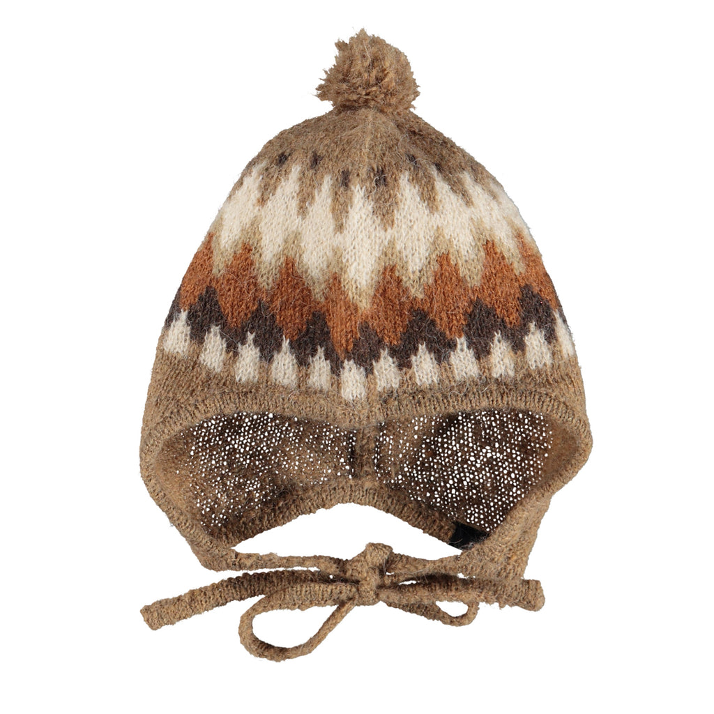 Wool blendinfant beanie | brown and cream color | under chin tie | 70 alpaca, 30% acrylic | front view