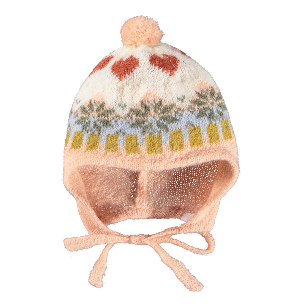 Wool blendinfant beanie | pastel colors | under chin tie | 70 alpaca, 30% acrylic | front view