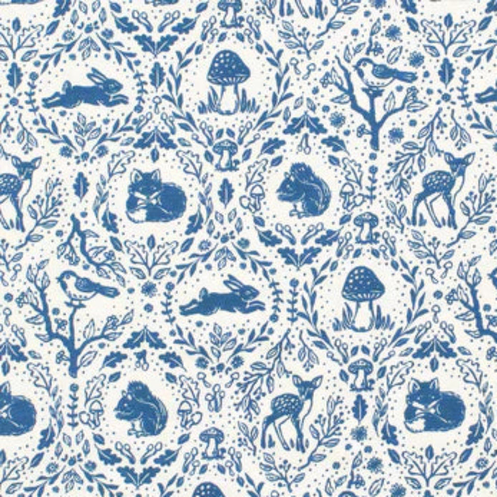 Blue & white Animal Tapestry print long sleeve tee | woodland animals | crew neck with white binding | sleeves open at wrist | open at waist | 100% organic cotton | print cloesup