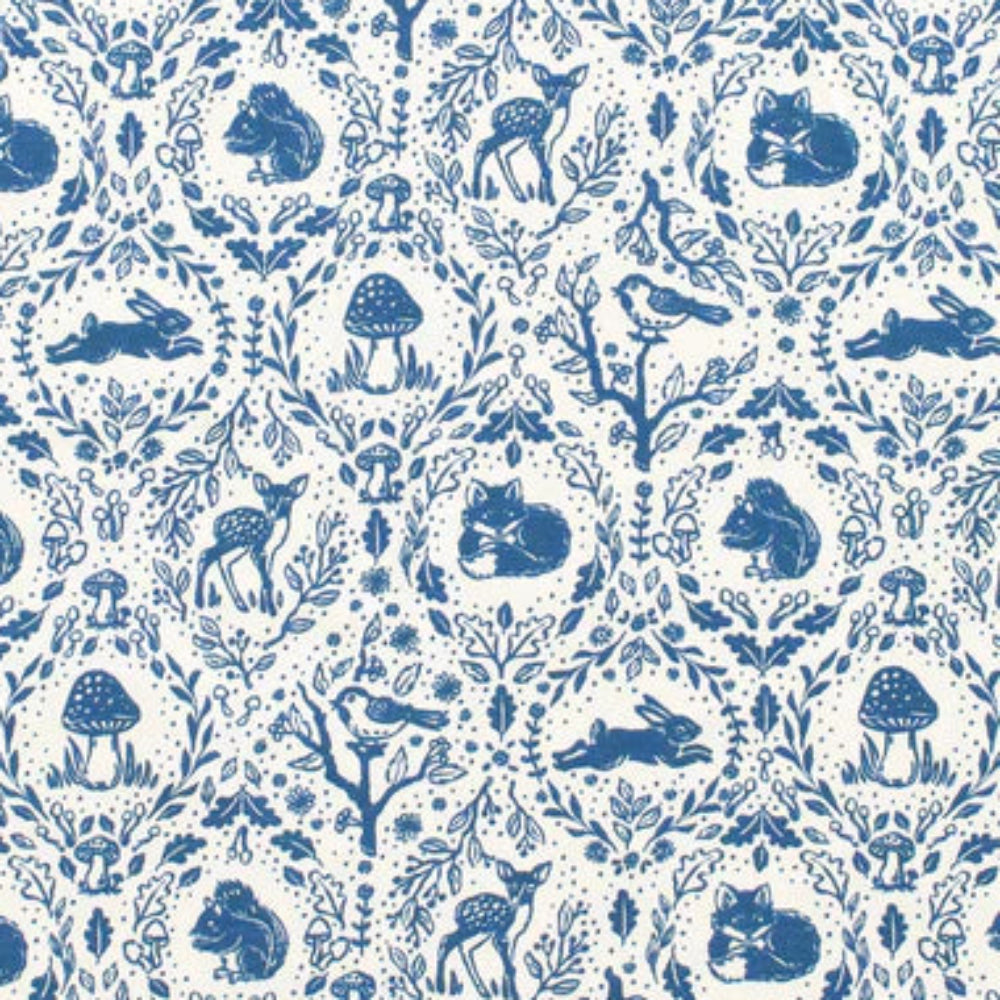 Animals in their woodland habitat print | blue & white | long sleeve | closed foot for warmth | lap neck opening | snaps at legs |  print closeup