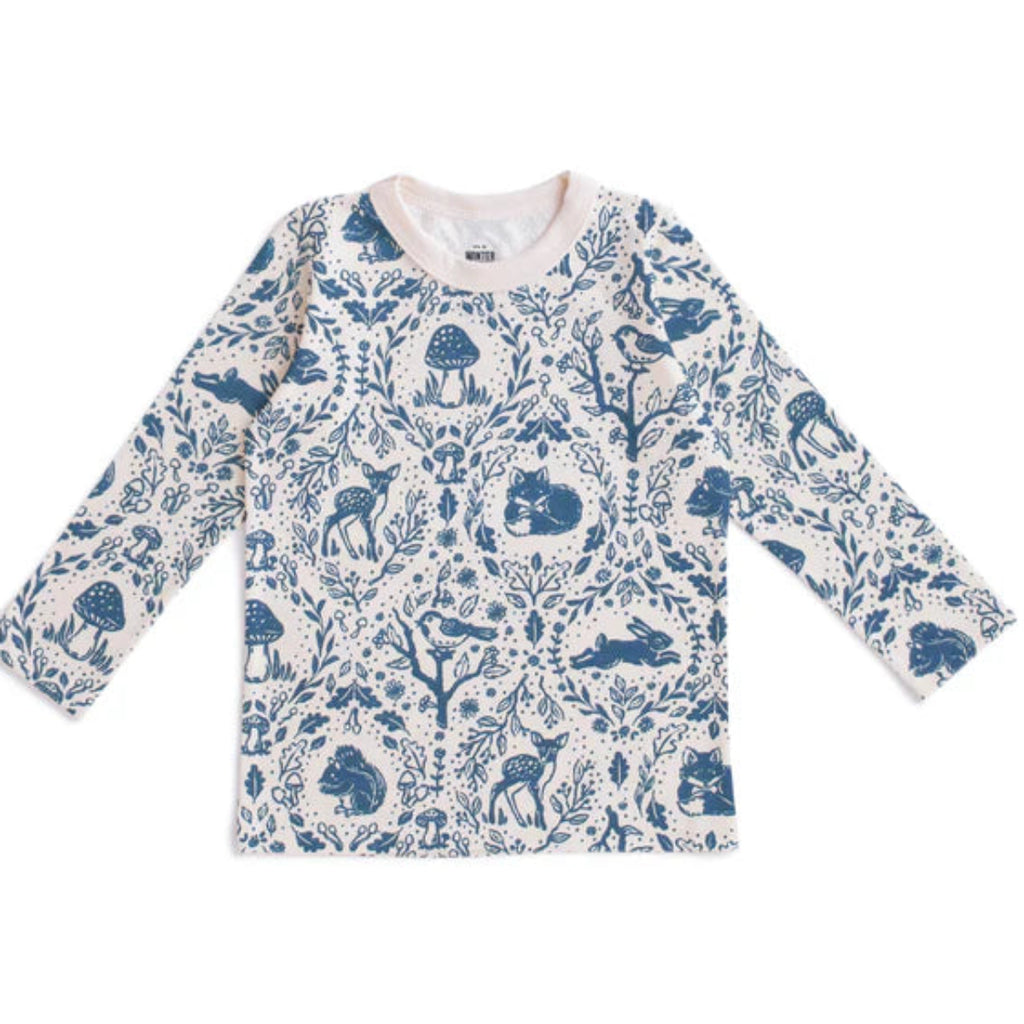 Blue & white Animal Tapestry print long sleeve tee | woodland animals | crew neck with white binding | sleeves open at wrist | open at waist | 100% organic cotton